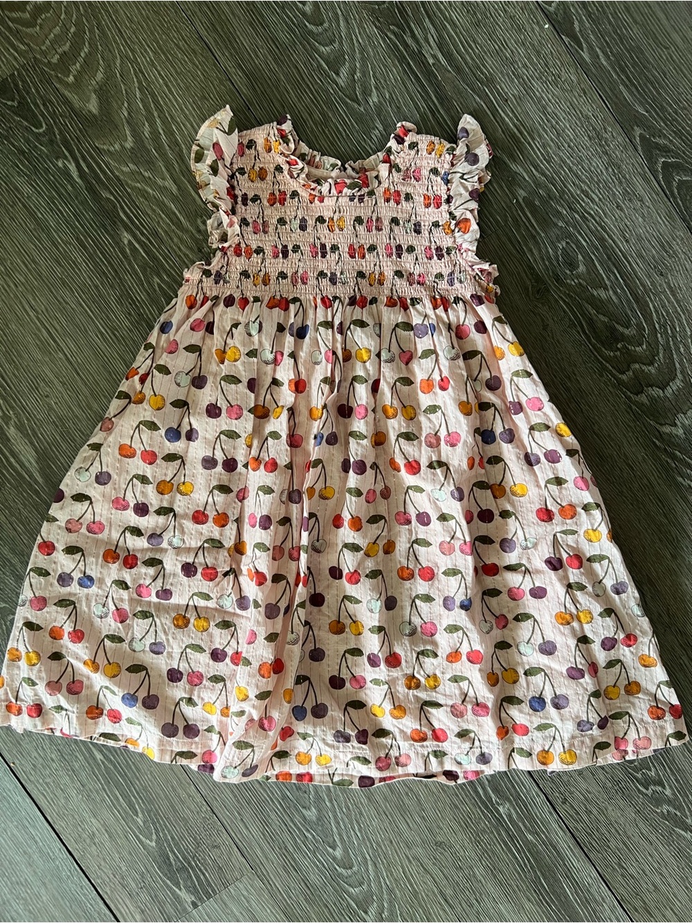 Pink Chicken Girls Cherry Print Smocked Dress Size 7Y Ruffle Sleeve